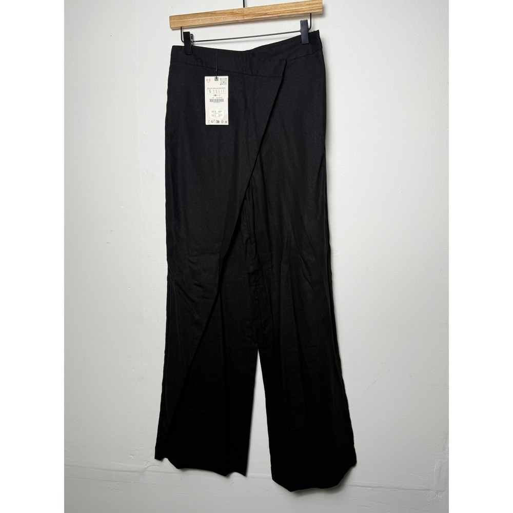 Zara Womens Black Linen Blend Wide Leg Wrap Front Asymmetric Trousers Size S NEW